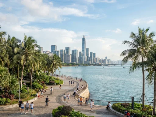 Shenzhen Bay Park waterfront promenade and modern city skyline