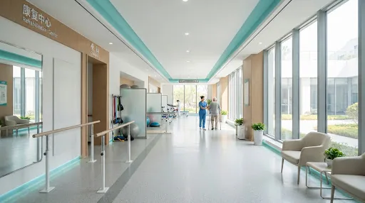 Rehabilitation ward corridor with a nurse accompanying a patient